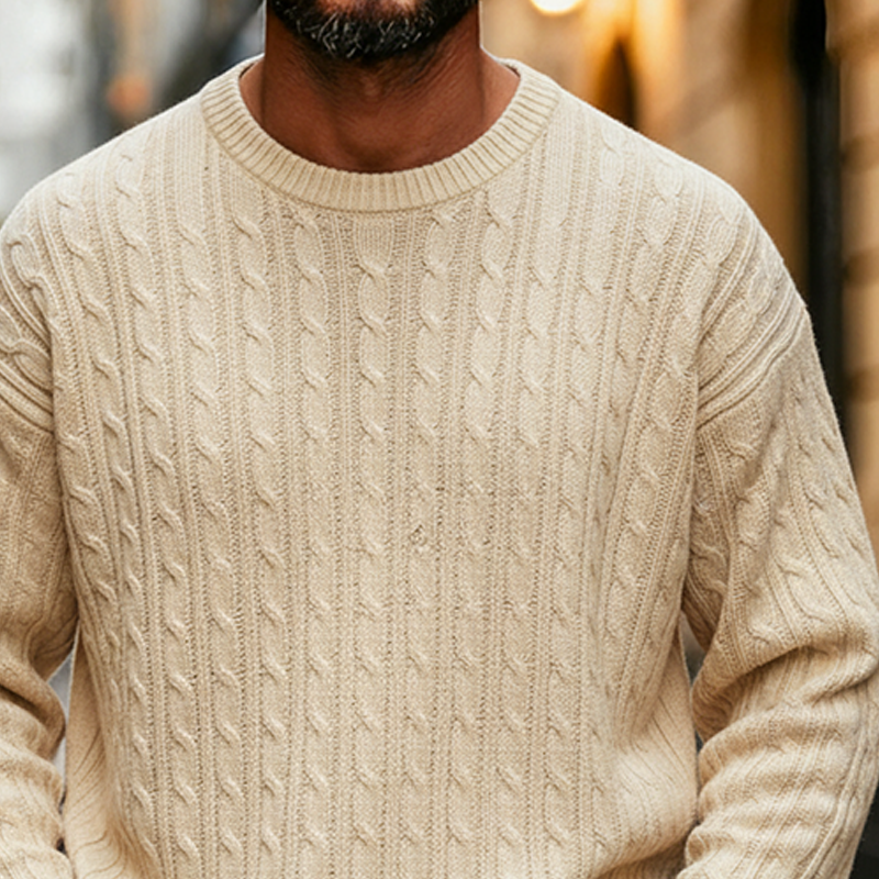 Men's Retro Solid Color Cable Knit Crew Neck Long Sleeve Sweater MTA0198K3X