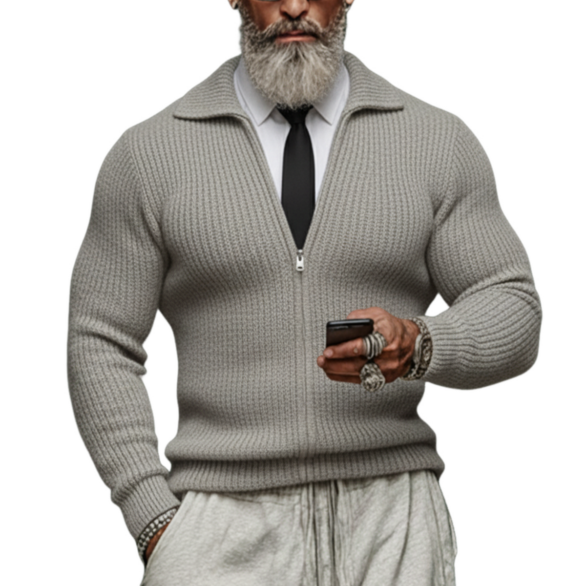 Men's Classic Casual Rugged Style Lapel Zip-up Slim-fit Knit Cardigan MTA0529K7K