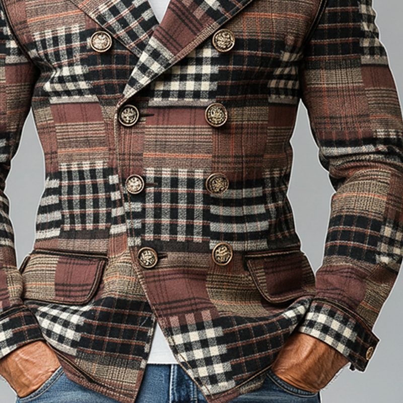 Men's Brushed Plaid Patchwork Lapel Double-breasted Blazer  MTA2497K9X