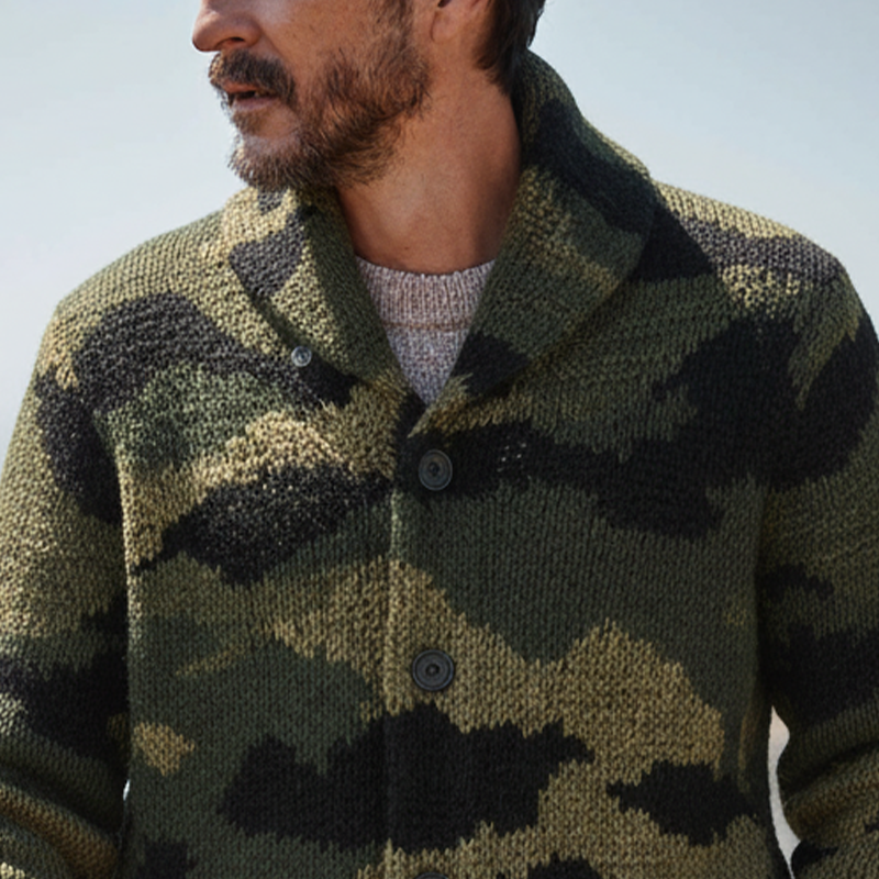 Men's Leopard Print Jacquard Knit Collar Button Cardigan MTA1367K7X