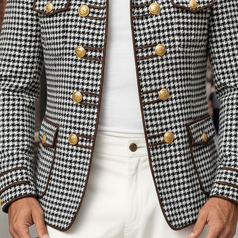 Men's Houndstooth Jacquard Stand Collar Button-decorated Slim-fit Jacket MTA0868K3X