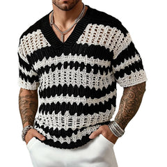 【24-hour shipping out】Men's Knitted Contrast Color V-neck Short-sleeved Sweater T-Shirt 14944957X