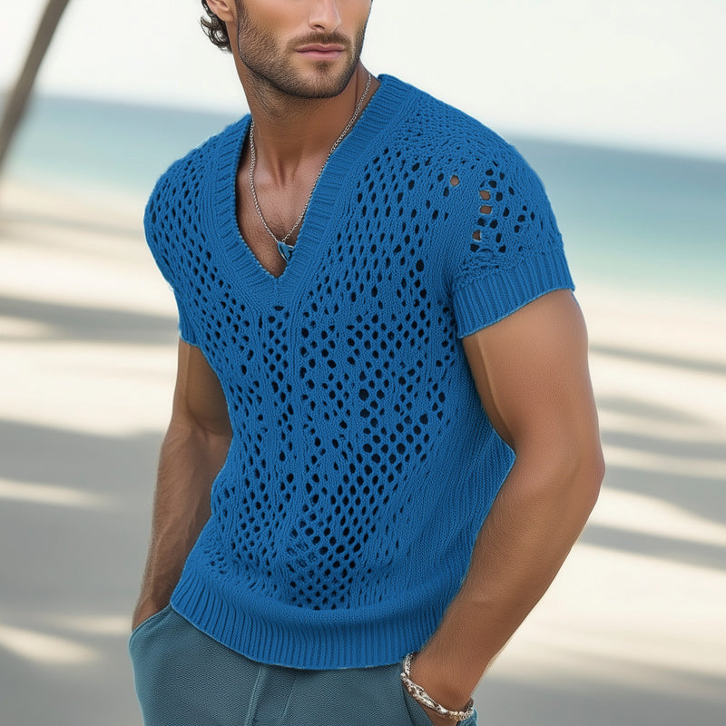 【24-hour shipping out】Men's Summer Fashion V-neck Knitted Mesh Breathable T-shirt MTA0240D7U