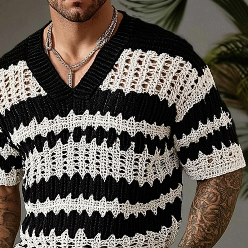 【24-hour shipping out】Men's Knitted Contrast Color V-neck Short-sleeved Sweater T-Shirt 14944957X