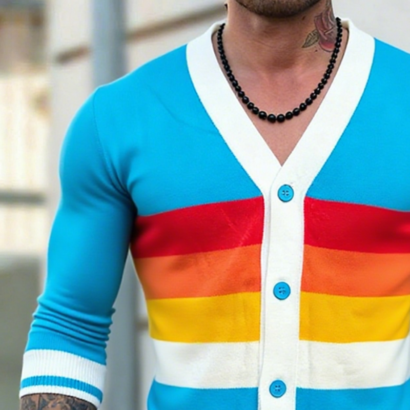 Men's Retro Casual Rainbow Striped Knit Color Block Shirt Cardigan MTA0679K8TO