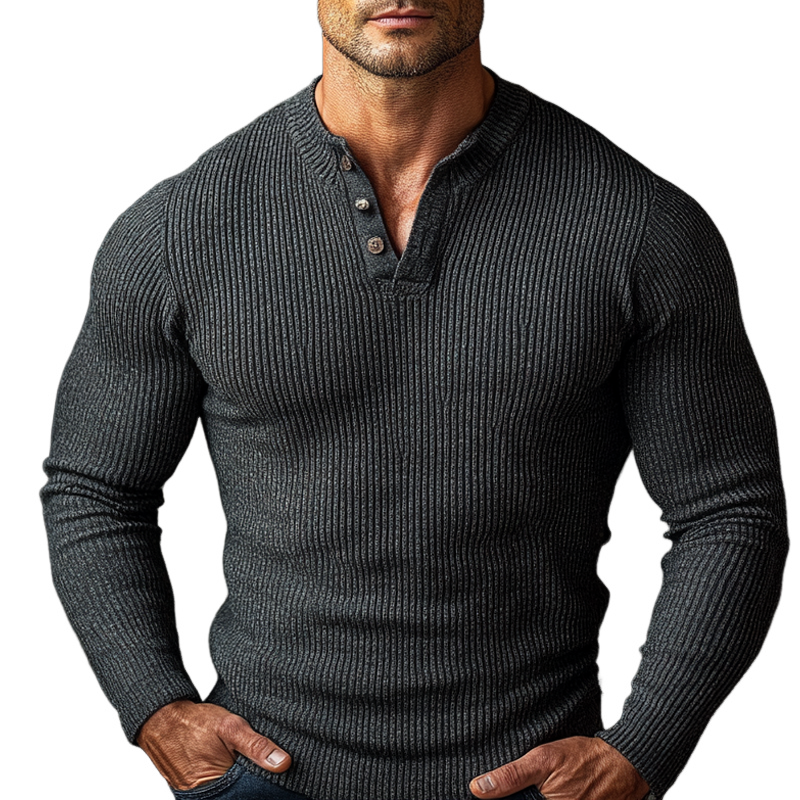 Men's Solid Color Knitted Button-down Crew Neck Pullover Sweater MTA2005K0X
