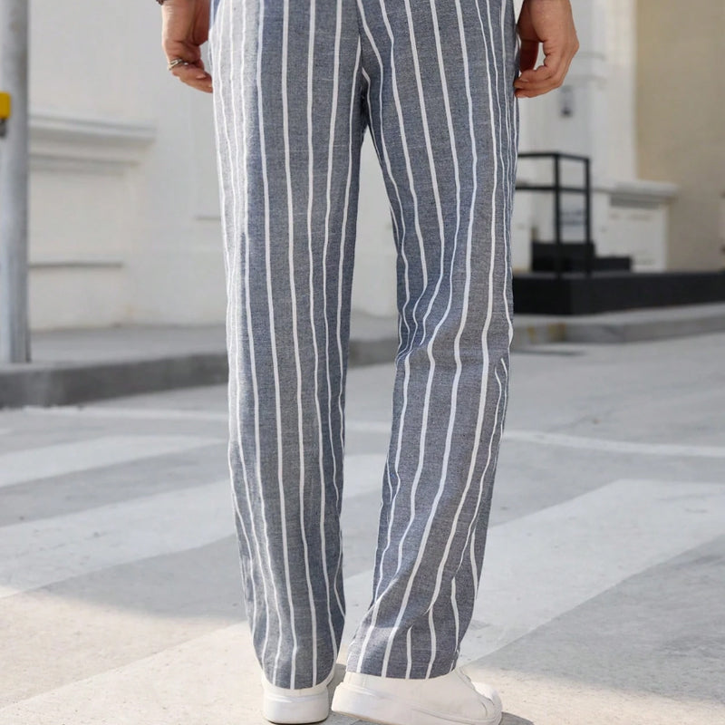 【24-hour shipping out】Men's Casual Cotton and Linen Striped Elastic Beach Pants MTA0386D6X