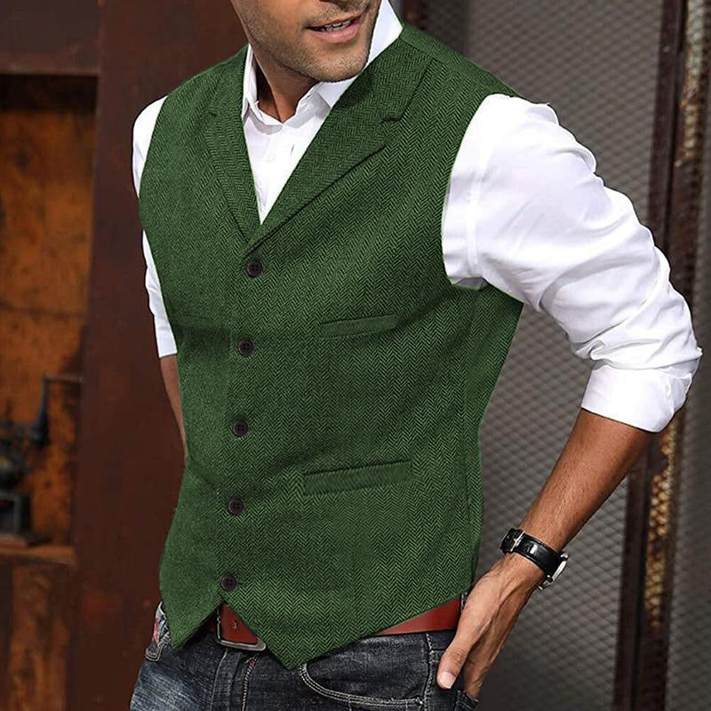Men's Vintage Herringbone Lapel Single Breasted Slim Fit Suit Vest 34062296M