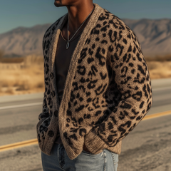 Men's Urban Warm Khaki Leopard Button-Down Cardigan MTA1836K6U