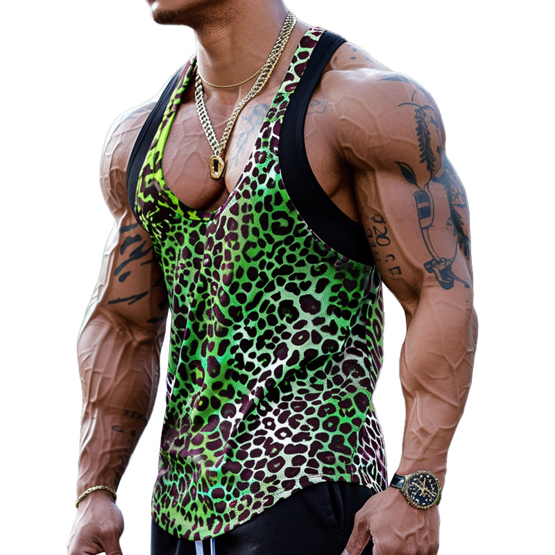 【CLEARANCE】Men's Sexy U-Neck Leopard Print Cotton Blend Patchwork Tank Top 03756297M