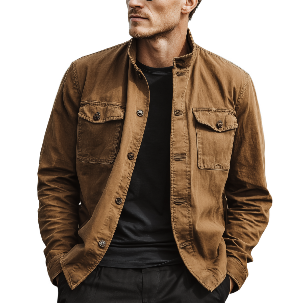 Men's Classic Casual Western Style Stand Collar Washed Twill Cotton Jacket MTA2904K2K