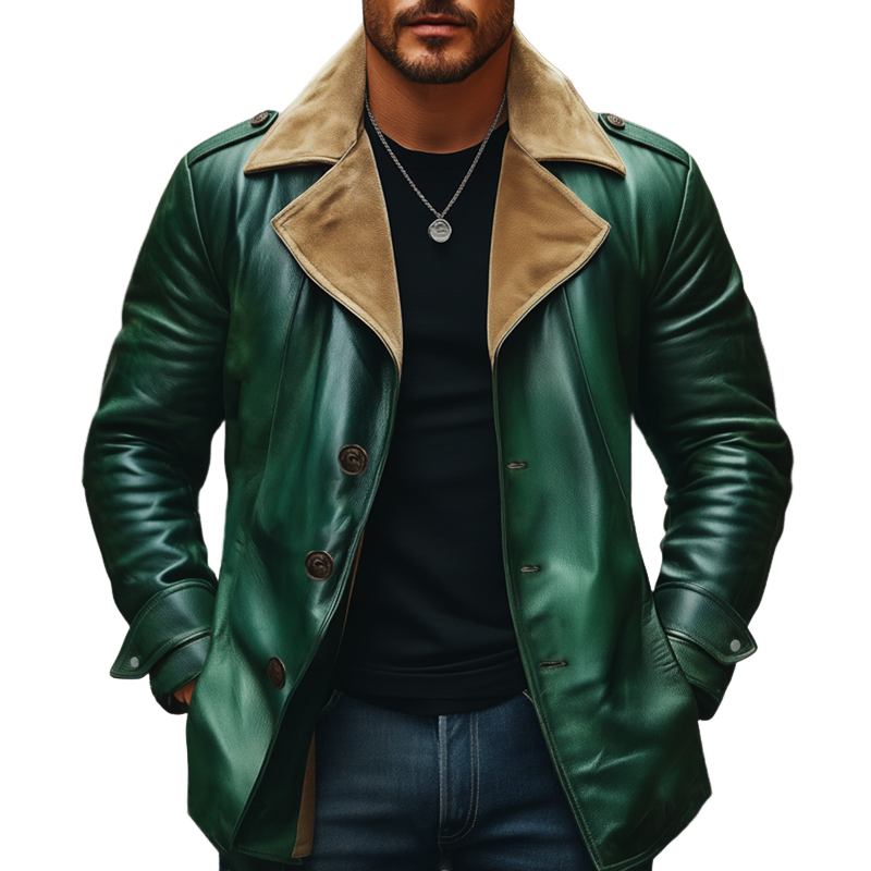 Men's Retro Color-Blocked Collar Green PU Leather Short Coat MTA1425K7U