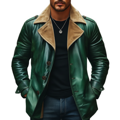 Men's Retro Color-Blocked Collar Green PU Leather Short Coat MTA1425K7U