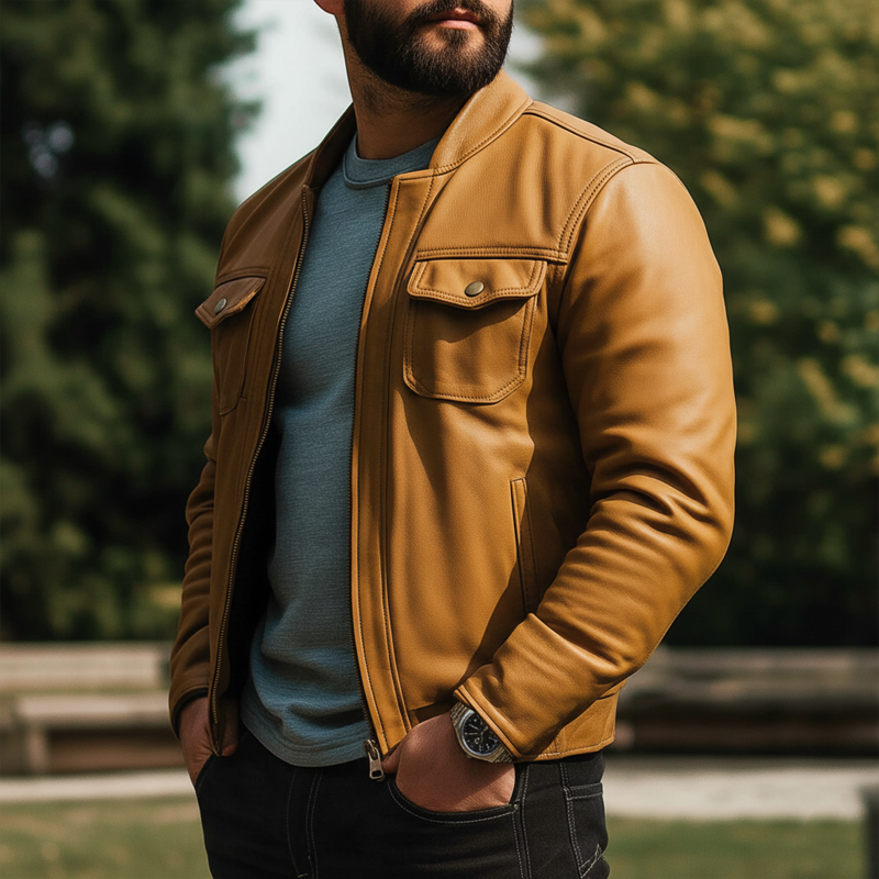 Men's Classic Orange Zip-up PU Leather Motorcycle Jacket MTA0403K9U