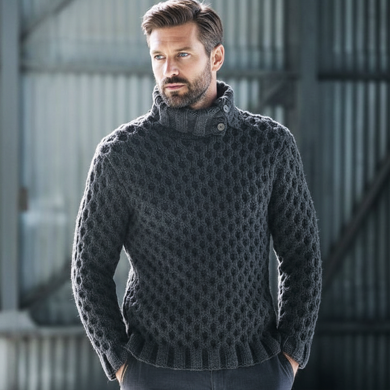 Men's Retro Round Hole Textured Stand Collar Slim Fit Knit Sweater MTA1144K9U