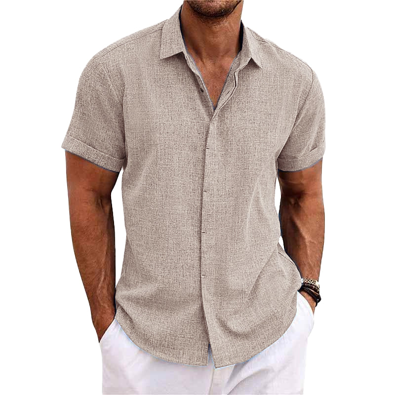 【24-hour shipping out】Men's Solid Color Lapel Cotton Linen Short Sleeve Shirt 82339241X