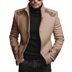 Men's Classic Retro Stand Collar Embroidered Pink Faux Woolen Jacket MTA0664K2K