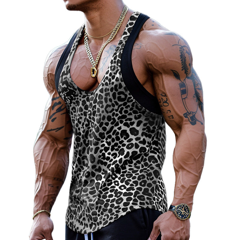 【CLEARANCE】Men's Sexy U-Neck Leopard Print Cotton Blend Patchwork Tank Top 03756297M