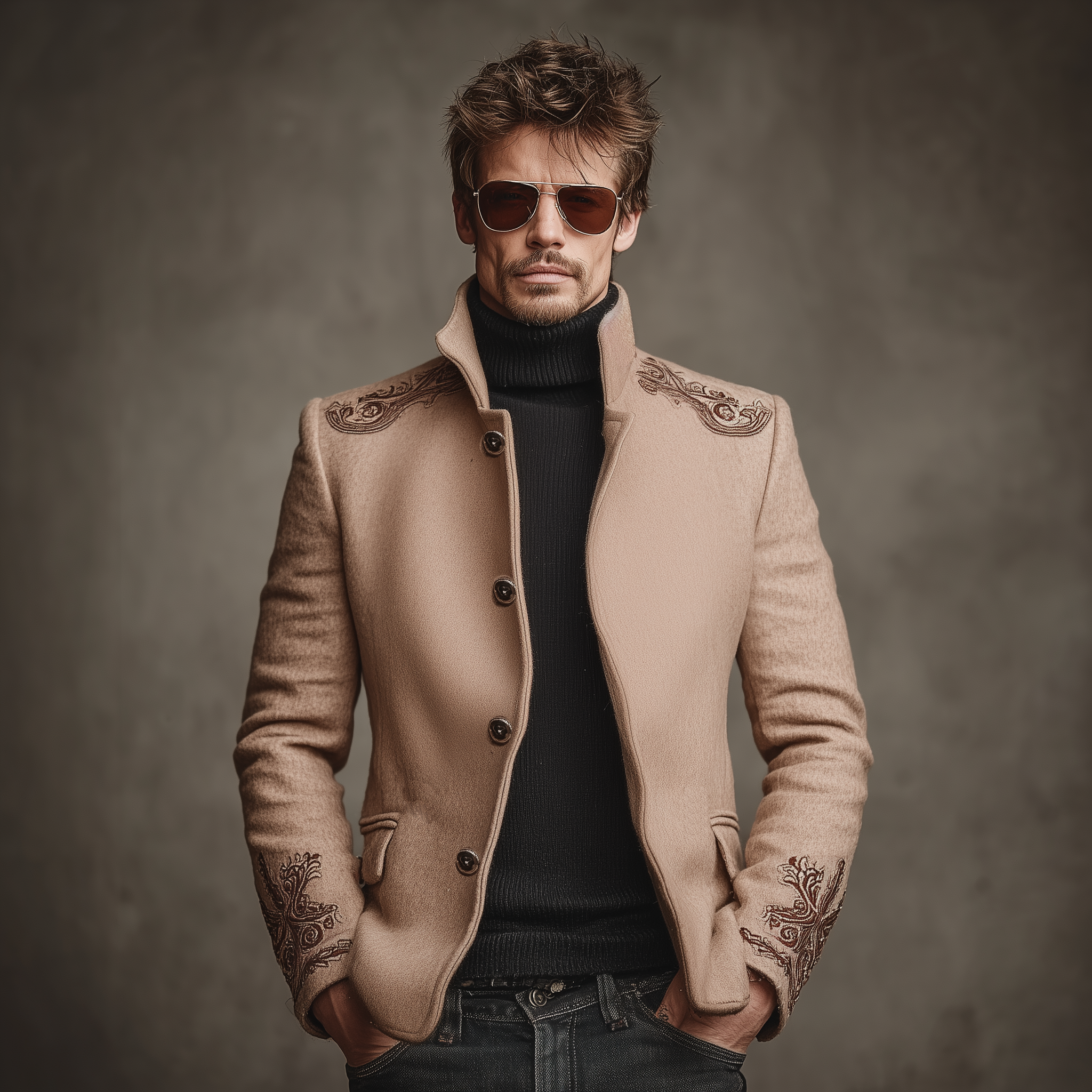 Men's Classic Retro Stand Collar Embroidered Pink Faux Woolen Jacket MTA0664K2K