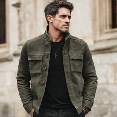 Men's Classic Army Green Stand-collar Suede Button-up Jacket MTA0158L5U