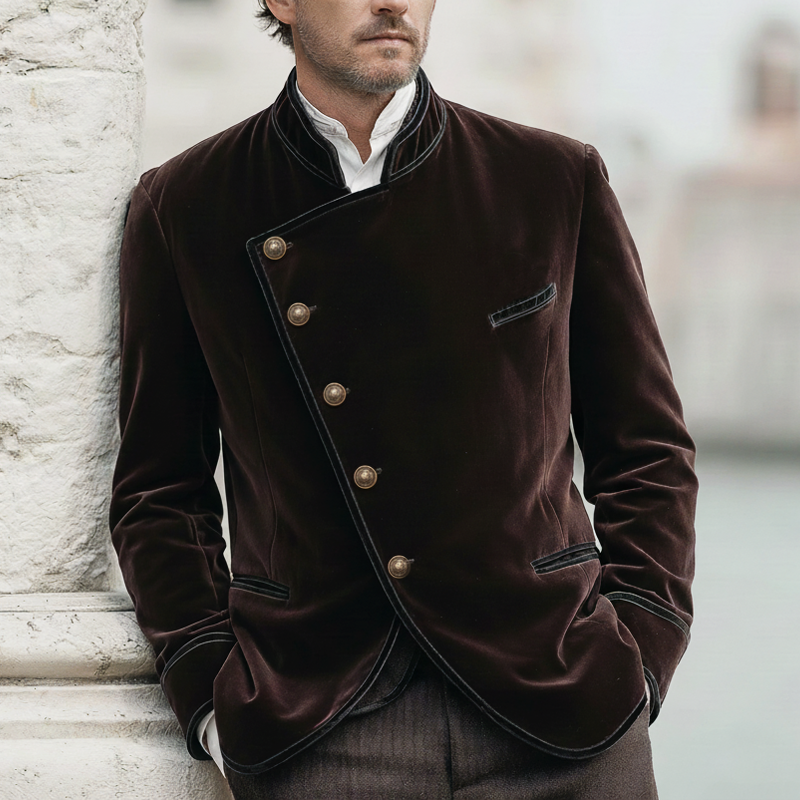 Men's Retro Stand Collar Diagonal Button Single Vent Velvet Jacket MTA2150K3U