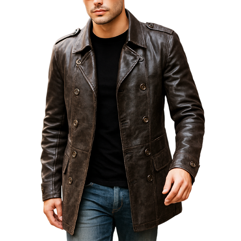 Men's Vintage Distressed PU Leather Double-breasted Short Coat MTA0429I0U
