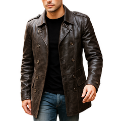 Men's Vintage Distressed PU Leather Double-breasted Short Coat MTA0429I0U