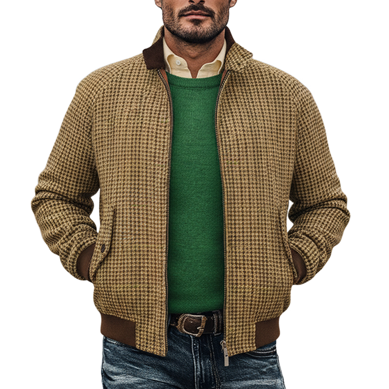 Men's Retro Houndstooth Stand Collar Zip-Up Jacket MTA0646K6X