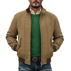 Men's Retro Houndstooth Stand Collar Zip-Up Jacket MTA0646K6X
