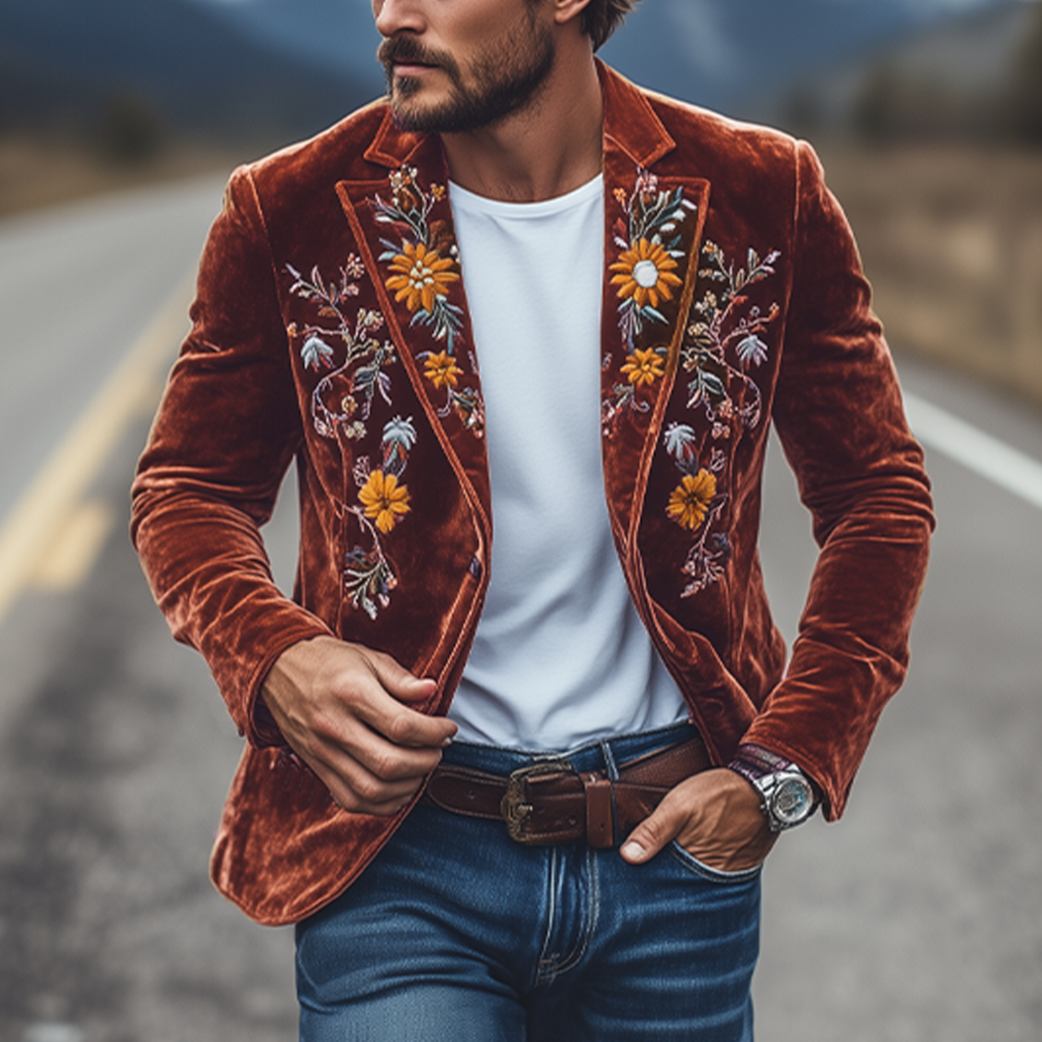 Men's Classic Retro Slim Fit Single Breasted Faux Velvet Embroidered Blazer 43171298K