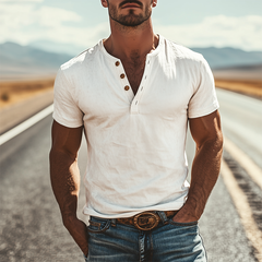 【24-hour shipping out】Men's Classic American Vintage Henley Collar Suede Short Sleeve T-Shirt 18517480K