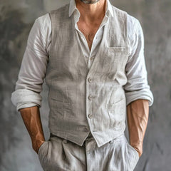 Men's Casual Cotton Linen V-neck Single-breasted Patch Pockets Vest 65597423M