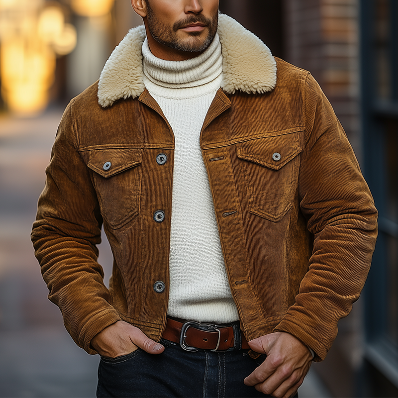 Men's Winter Retro Corduroy Jacket With Detachable Fur Collar MTA0193K5P