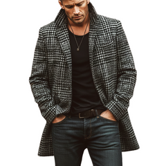 Men's Classic Gray Plaid Faux Wool Two-button Mid-length Coat MTA2709K4U