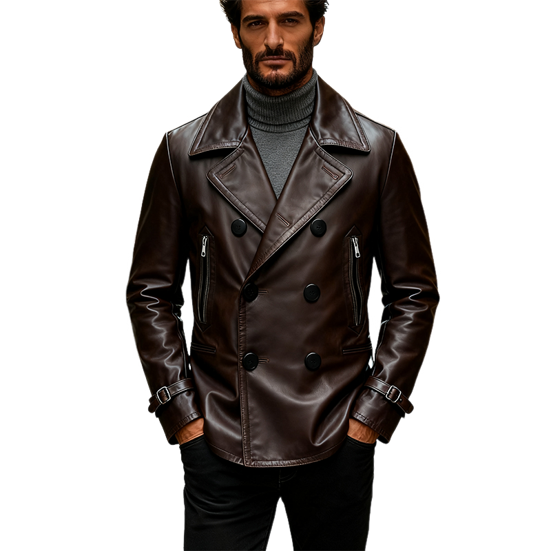 Men's Retro Solid Color Lapel Double-Breasted PU Mid-Length Leather Coat MTA1113K6X
