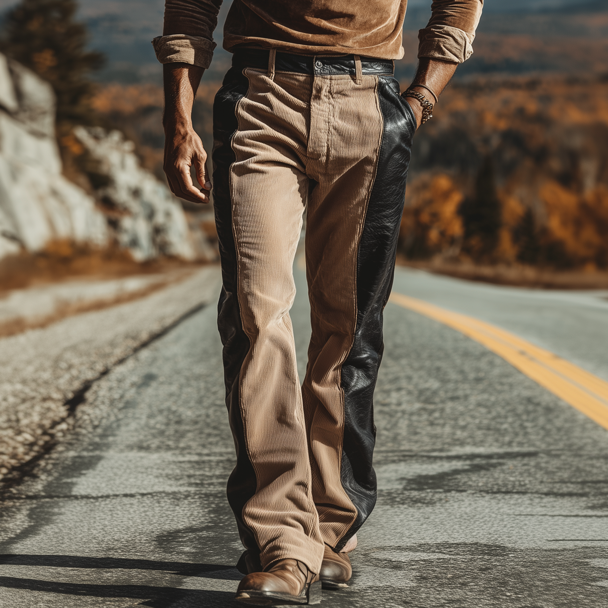 Men's Classic Casual Western Style PU Leather Corduroy Trousers MTA2526K5K