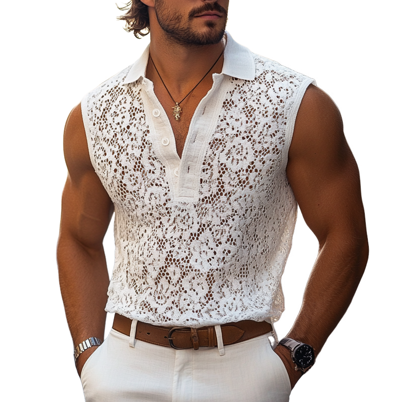 Men's Fashion Lace Lapel Sleeveless Casual Tank Top MTA1217E3Z