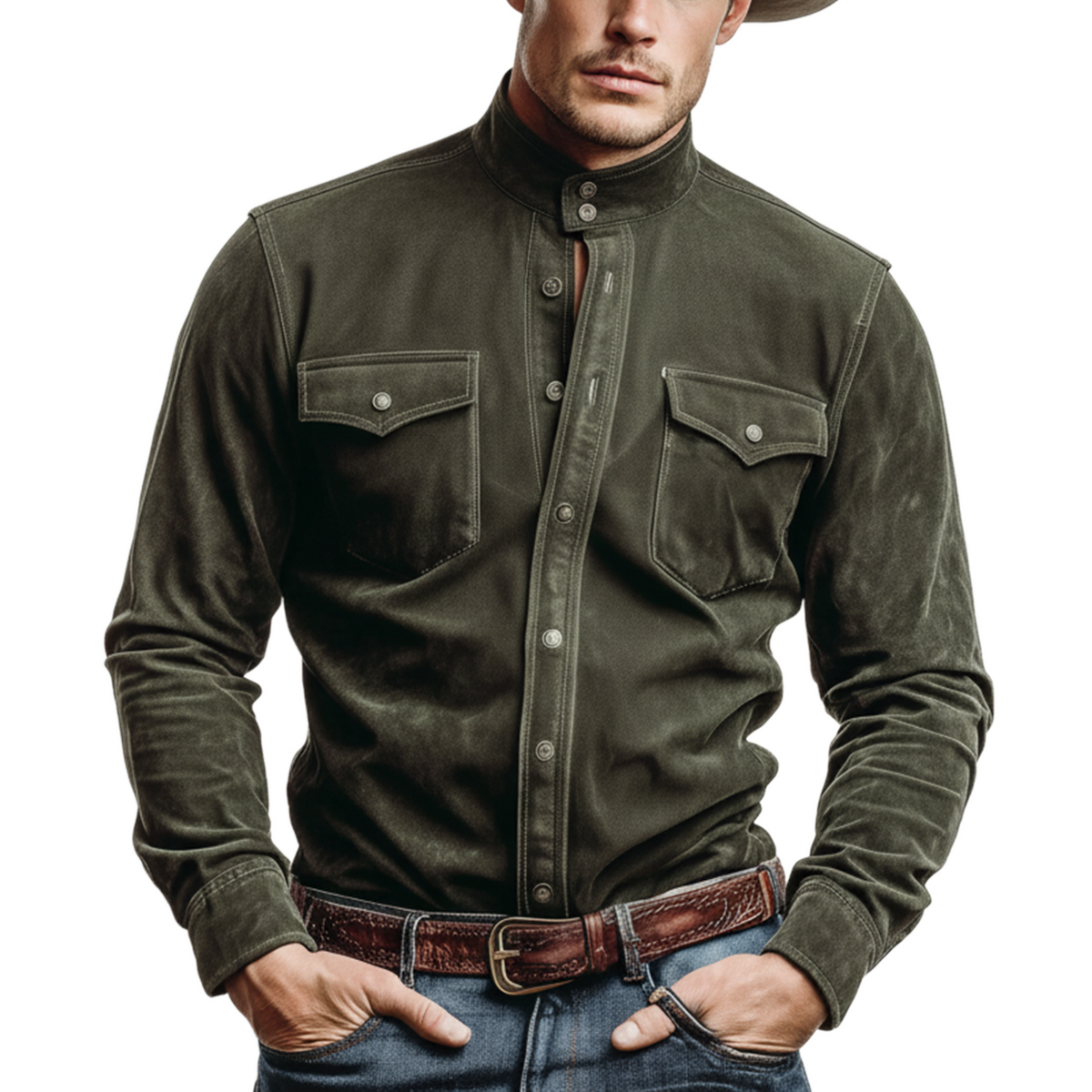 Men's Classic Retro Western Style Stand-up Collar Faux Suede Long-sleeved Shirt MTA1744K8K