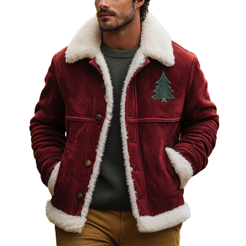 Men's Winter Retro Christmas Tree Embroidered Faux Suede Fleece Lined Jacket MTA1710K0P