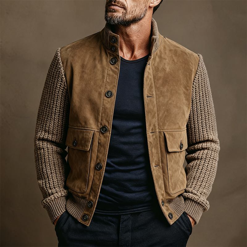 Men's Faux Suede Patchwork Knitted Sleeve Stand Collar Jacket MTA1146K6X