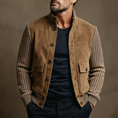 Men's Faux Suede Patchwork Knitted Sleeve Stand Collar Jacket MTA1146K6X