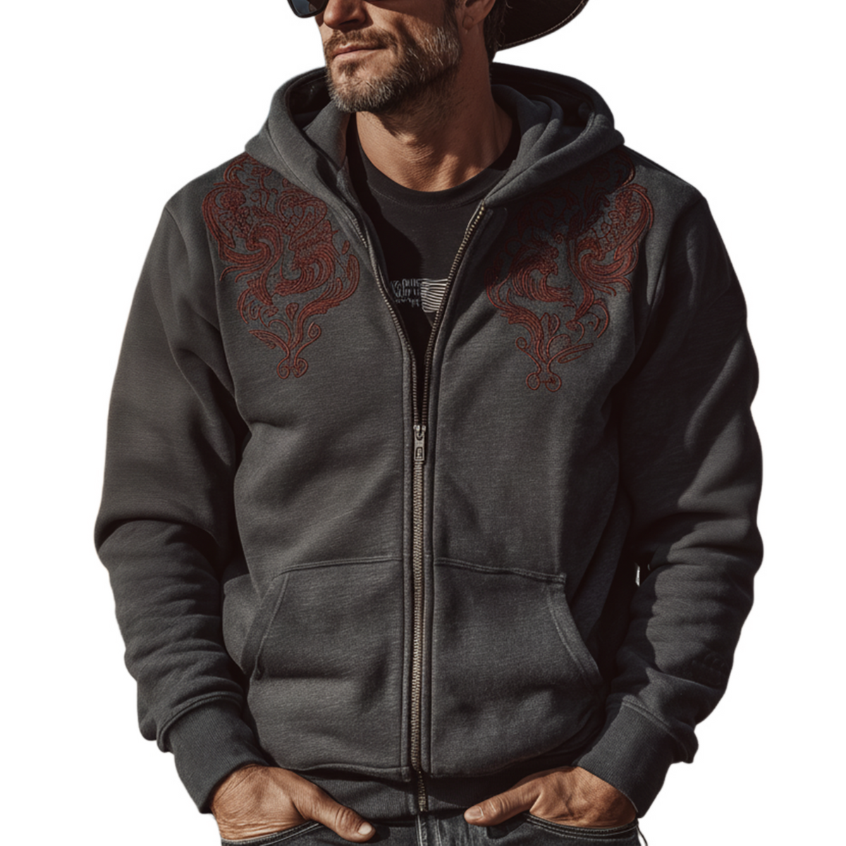 Men's Classic Retro Western Style Embroidered Air-layer Fabric Hooded Zip-up Jacket MTA0429L5K