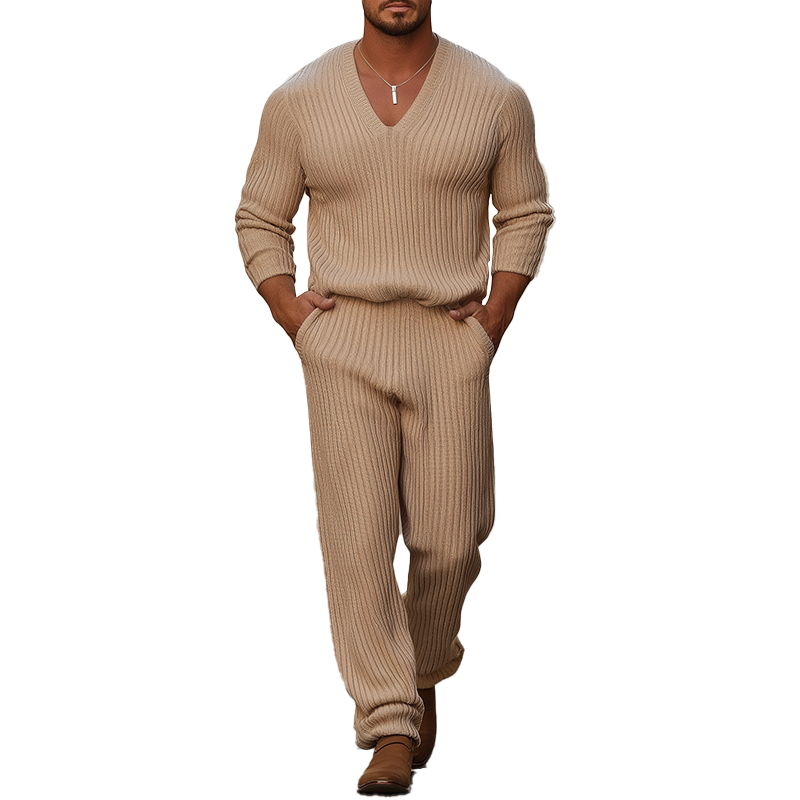 Men's Winter Retro Cotton Yarn Knit Sweater And Trousers Set MTA0165K2P