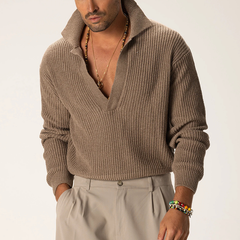 Men's Solid Color Knitted Pullover Long-sleeved Collared Sweater MTA2270K4X