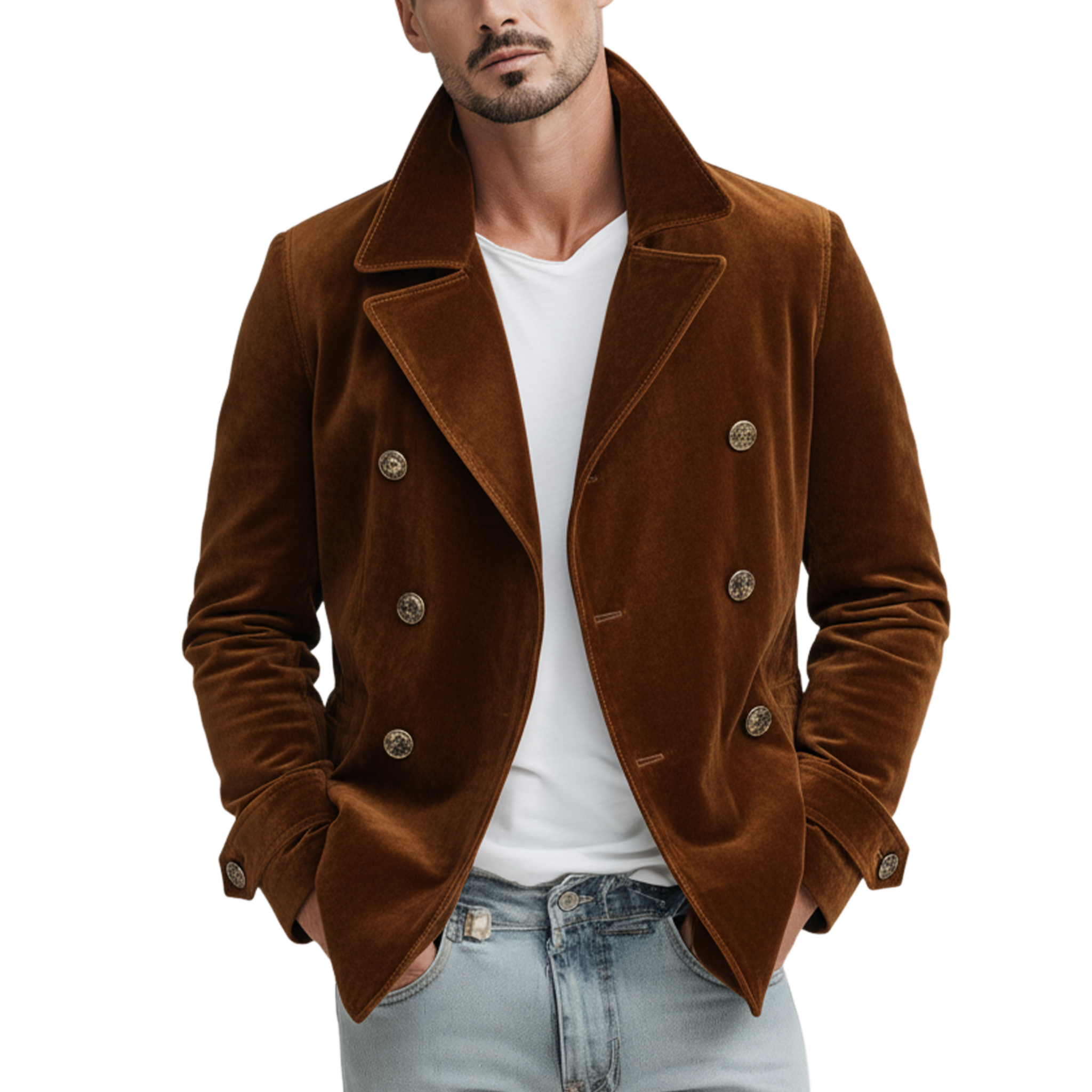 Men's Classic Retro Lapel Double-breasted Faux Velvet Jacket MTA1406K9K