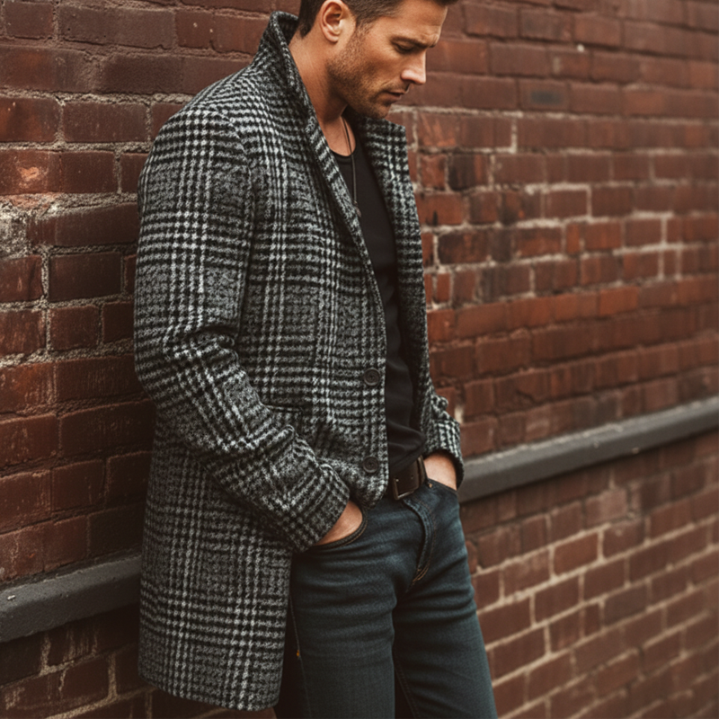 Men's Classic Gray Plaid Faux Wool Two-button Mid-length Coat MTA2709K4U