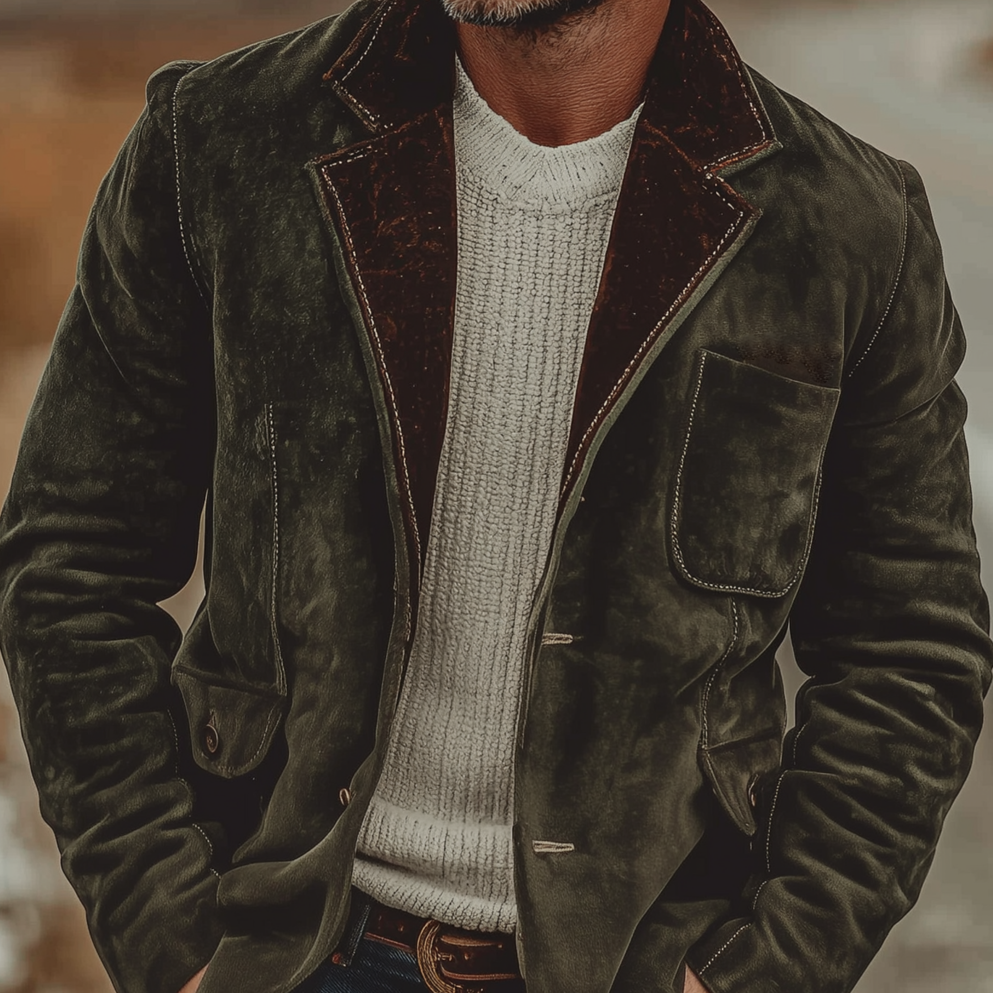 Men's Classic Retro Western-style Collar With Velvet Trim, Single-breasted Faux Suede Blazer MTA2489K7K