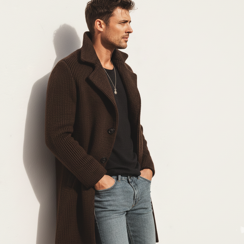 Men's Urban Chocolate-Colored Buttoned Knitted Coat MTA1743K8U