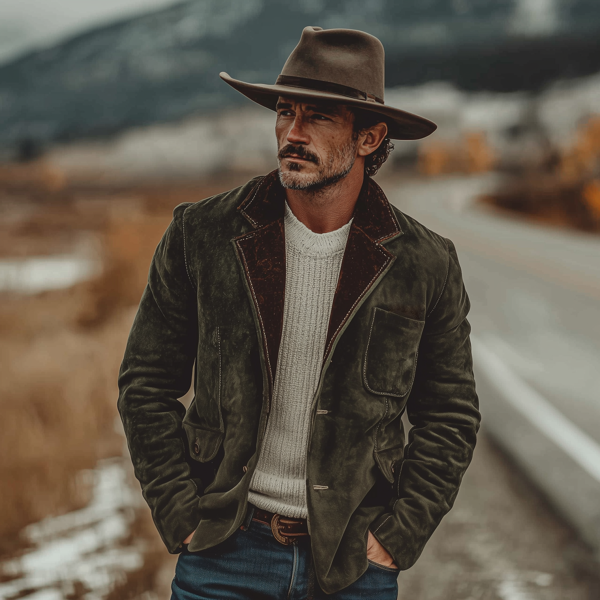 Men's Classic Retro Western-style Collar With Velvet Trim, Single-breasted Faux Suede Blazer MTA2489K7K