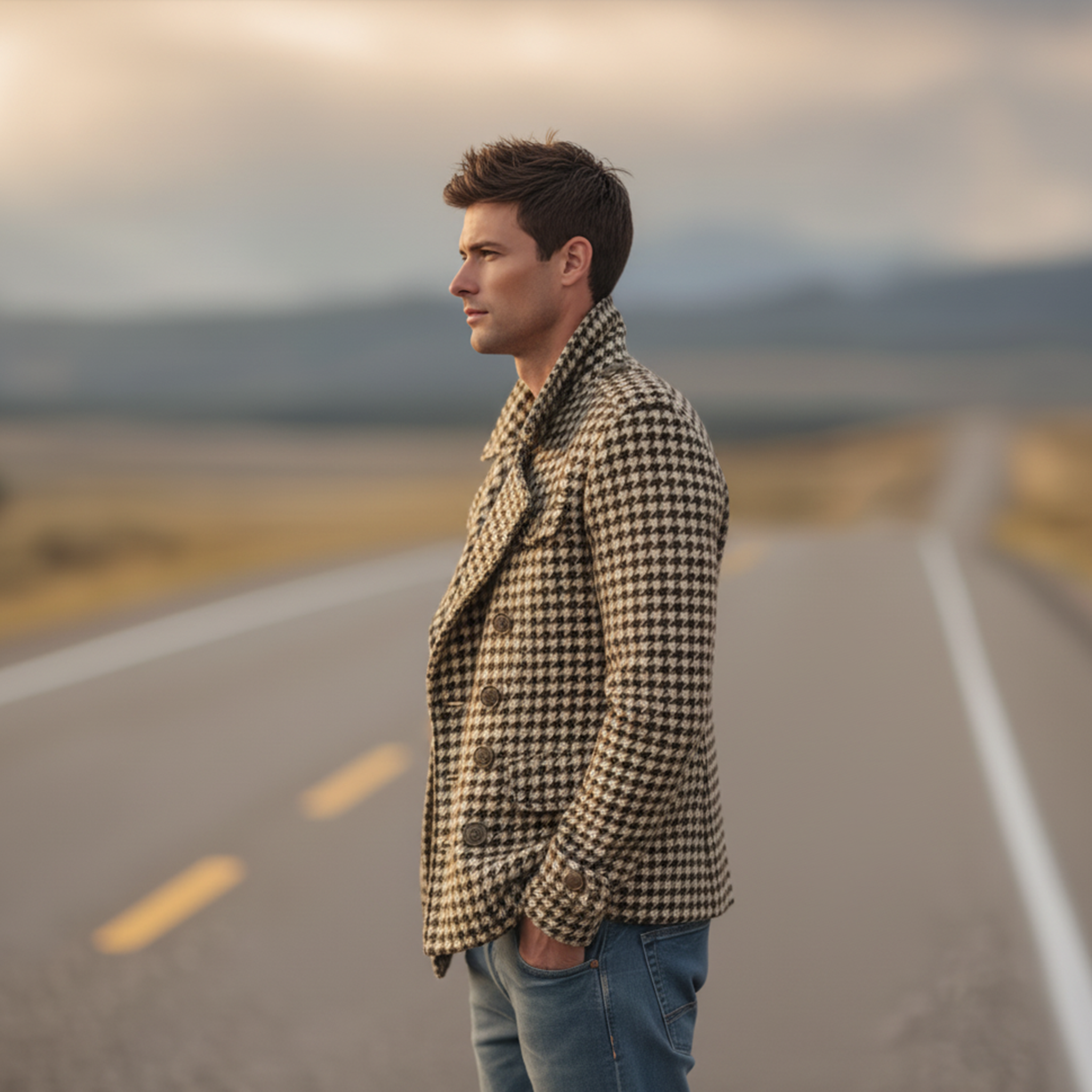 Men's Classic Retro Lapel Houndstooth Wool Double-breasted Jacket MTA1701I4K